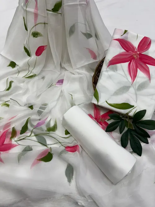 Hand-Painted Cotton Suit Set with Flowing Chiffon Dupatta